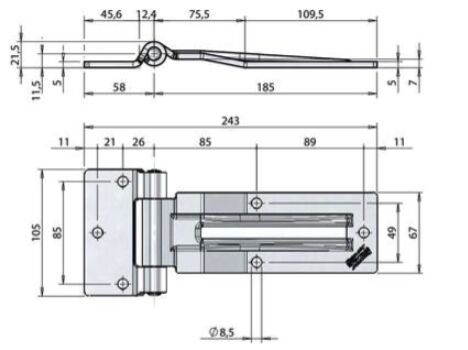 Pommier side door hinge with offset 185 mm - zinc-plated