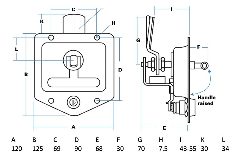 Rhiwa Quality drop-T lock - left closing - adjustable 43-55 mm - key FS880