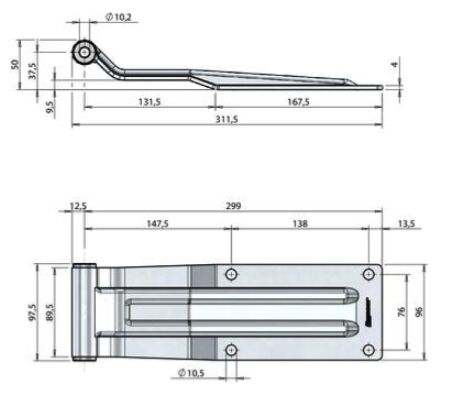 Pommier rear door hinge plate 300 mm - trestle width 98 mm - stainless steel
