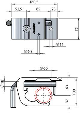 Pommier steunbeugel met 90° hendel - voor vleeshaak buis Ø 60 mm - aluminium