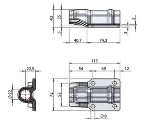Pommier guide-tige - pour fermeture Ø 22 mm - haut 115 mm - acier inoxydable