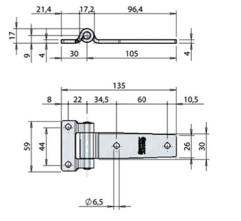 Pommier side door hinge flat 105 mm - stainless steel